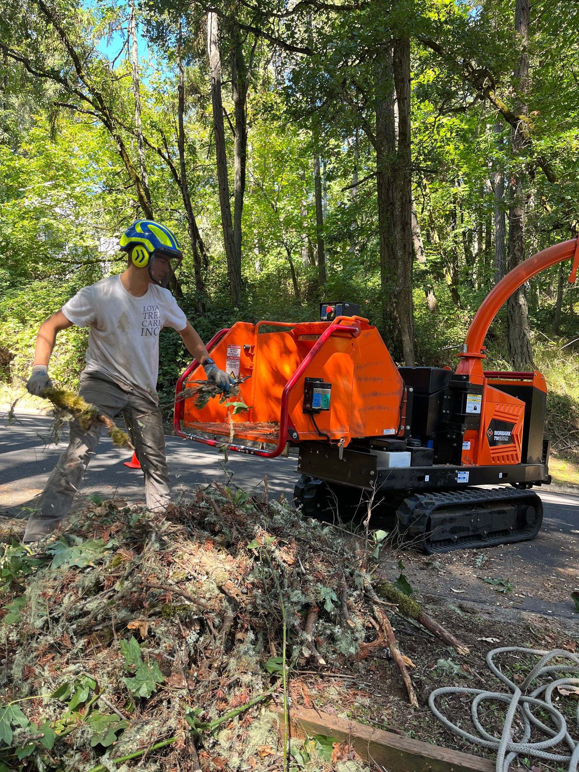 Man feeding wood chips into an orange wood chipper in a wooded area.