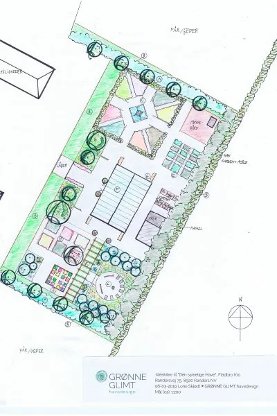 Havetegning af lone skjødt som er havearkitekt. Der hjælper i mange byer og også i Skanderborg