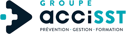 Logo du Groupe accisST, une entreprise offrant des services de prévention, de gestion et de formation. Design turquoise et bleu foncé.