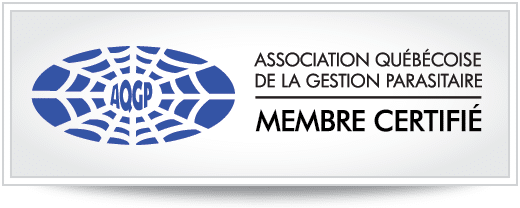 Logo of the Association Québécoise de la Gestion Parasitaire, a certified member. Blue web design with 