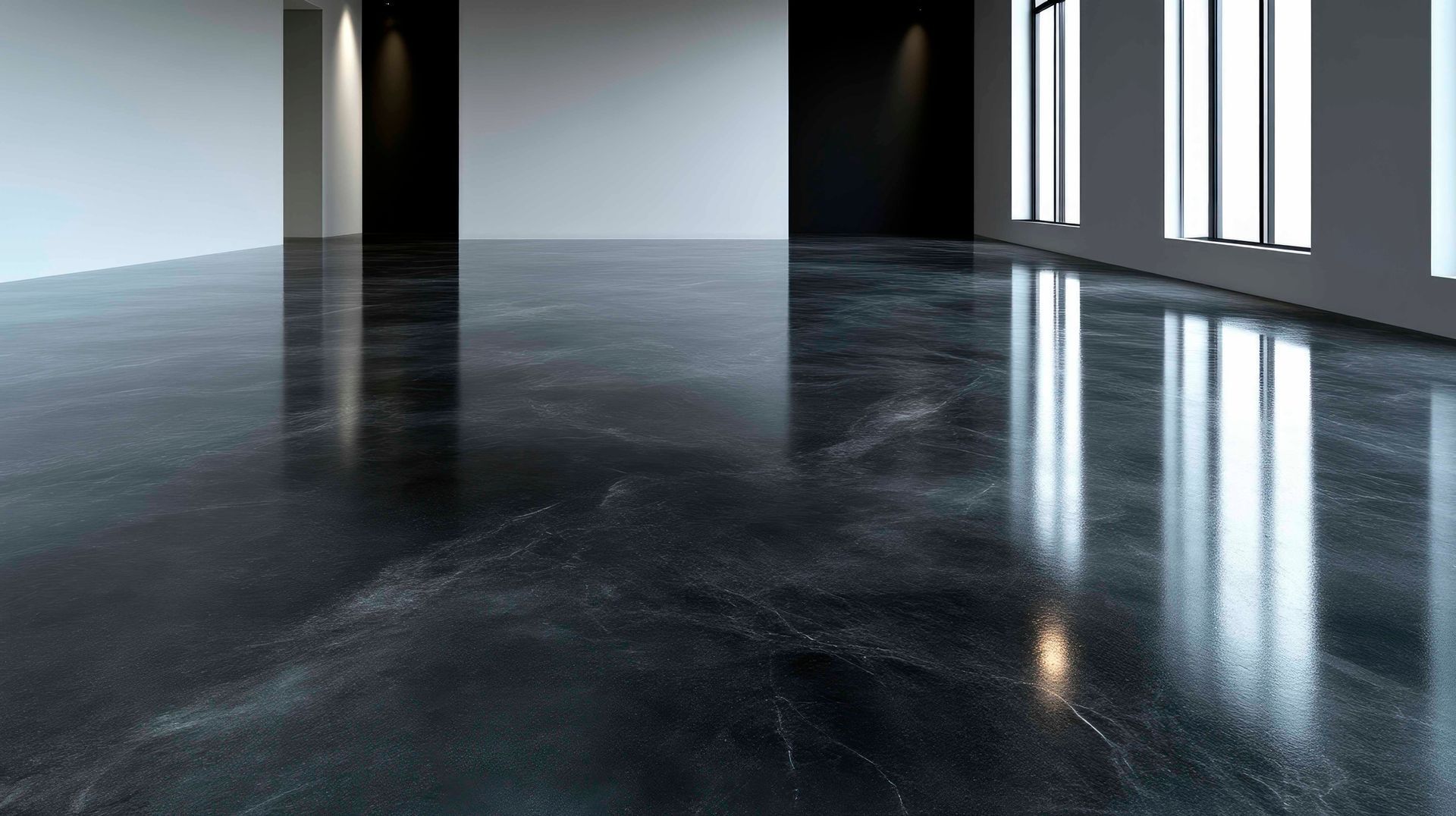 Sol en béton gris foncé poli reflétant la lumière dans une pièce vide aux murs blancs.