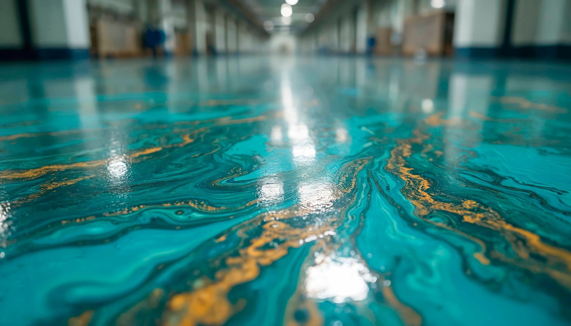 Gros plan sur un sol en époxy turquoise et or avec un effet marbré tourbillonnant dans un grand environnement industriel.