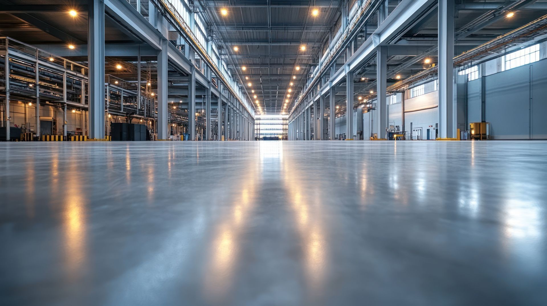 Entrepôt industriel vide avec sol en béton poli reflétant les lumières du plafond.
