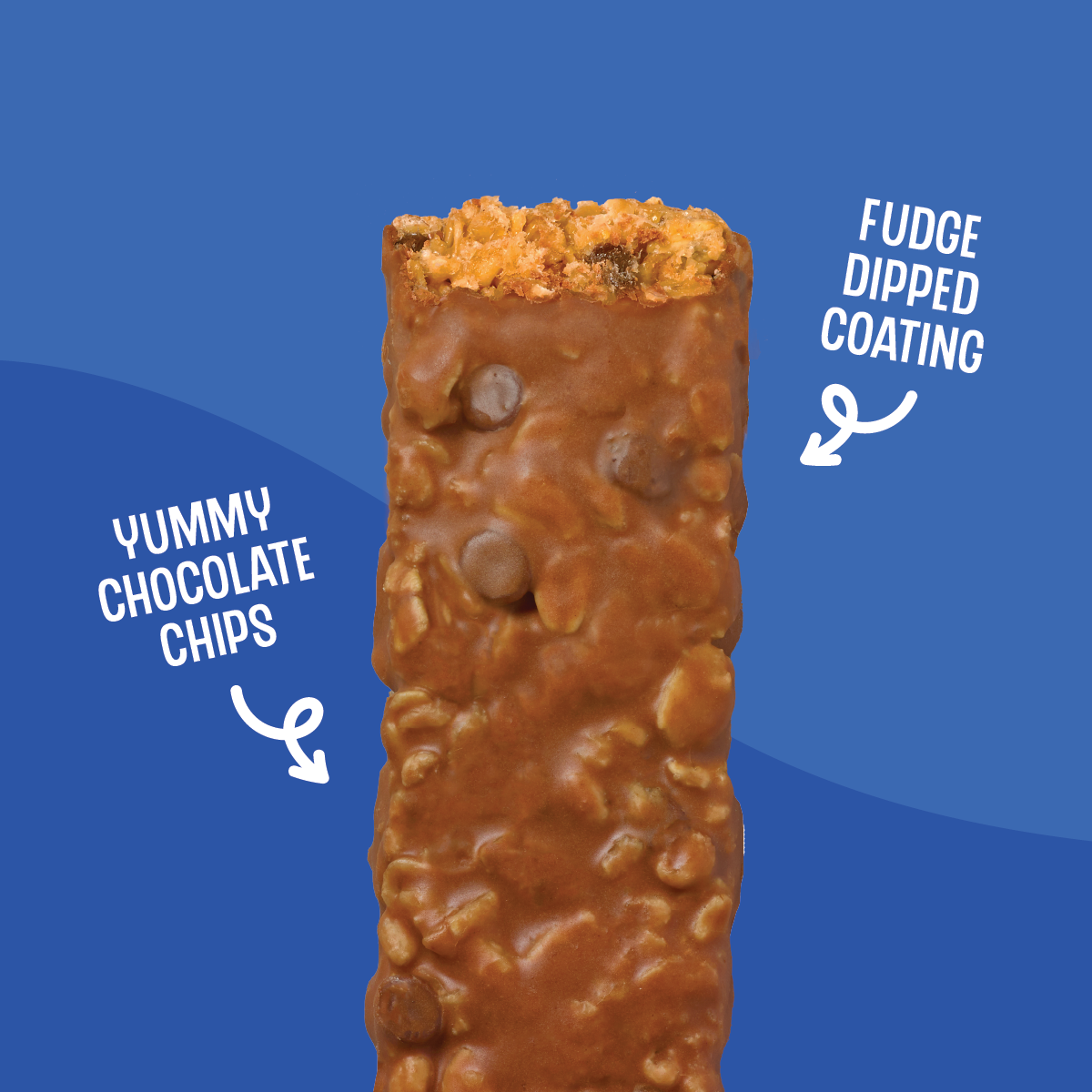 close up of fudge dipped chocolate chip chewy granola bar