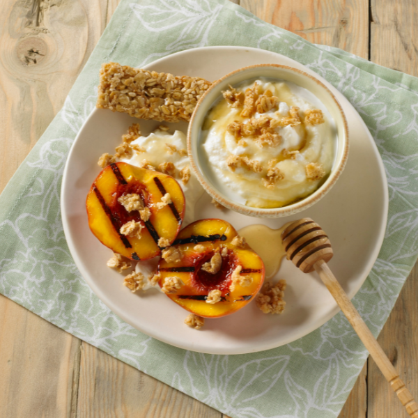 grilled peaches with yogurt and oats and honey granola bar
