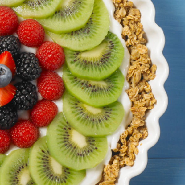 granola tart topped with yogurt and fresh fruit