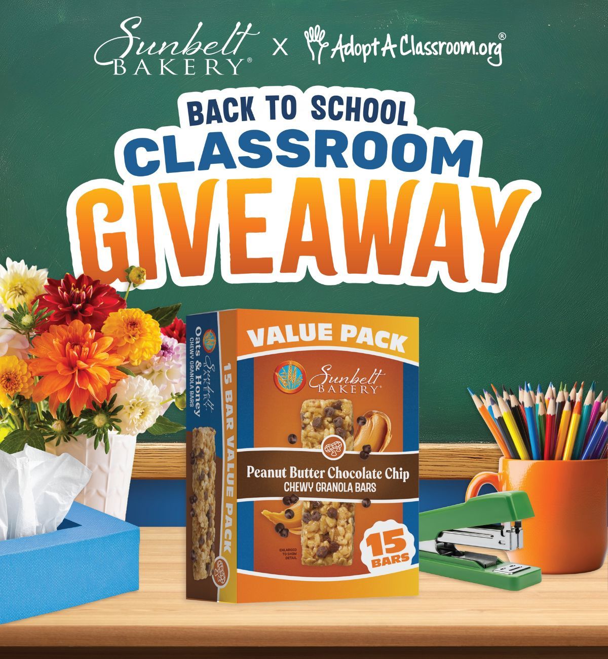 AdoptAClassroom.org x Sunbelt Bakery 2026 Partnership,Back to School Classroom Giveaway Graphic