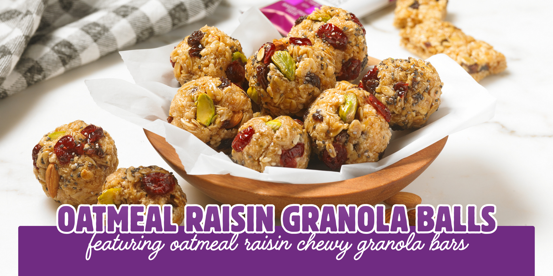 header image of oatmeal raisin granola balls recipe