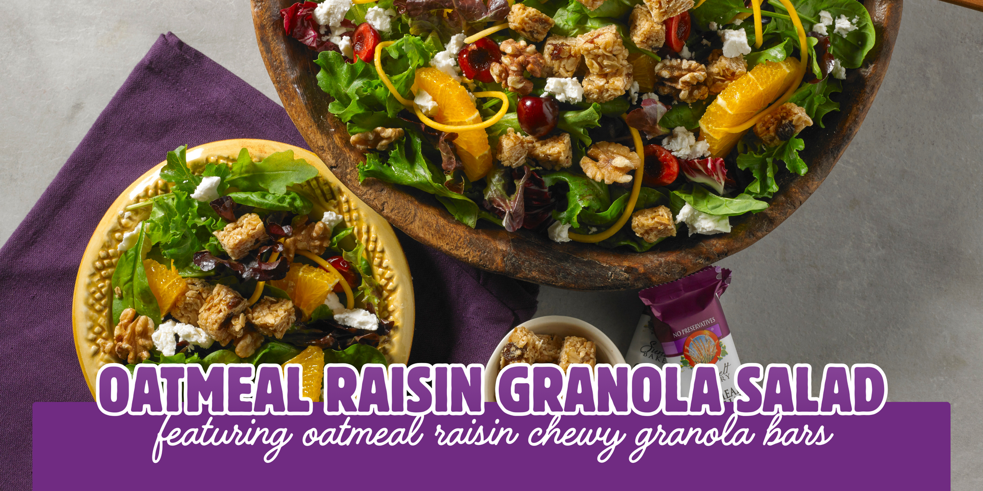 header image of oatmeal raisin granola salad recipe