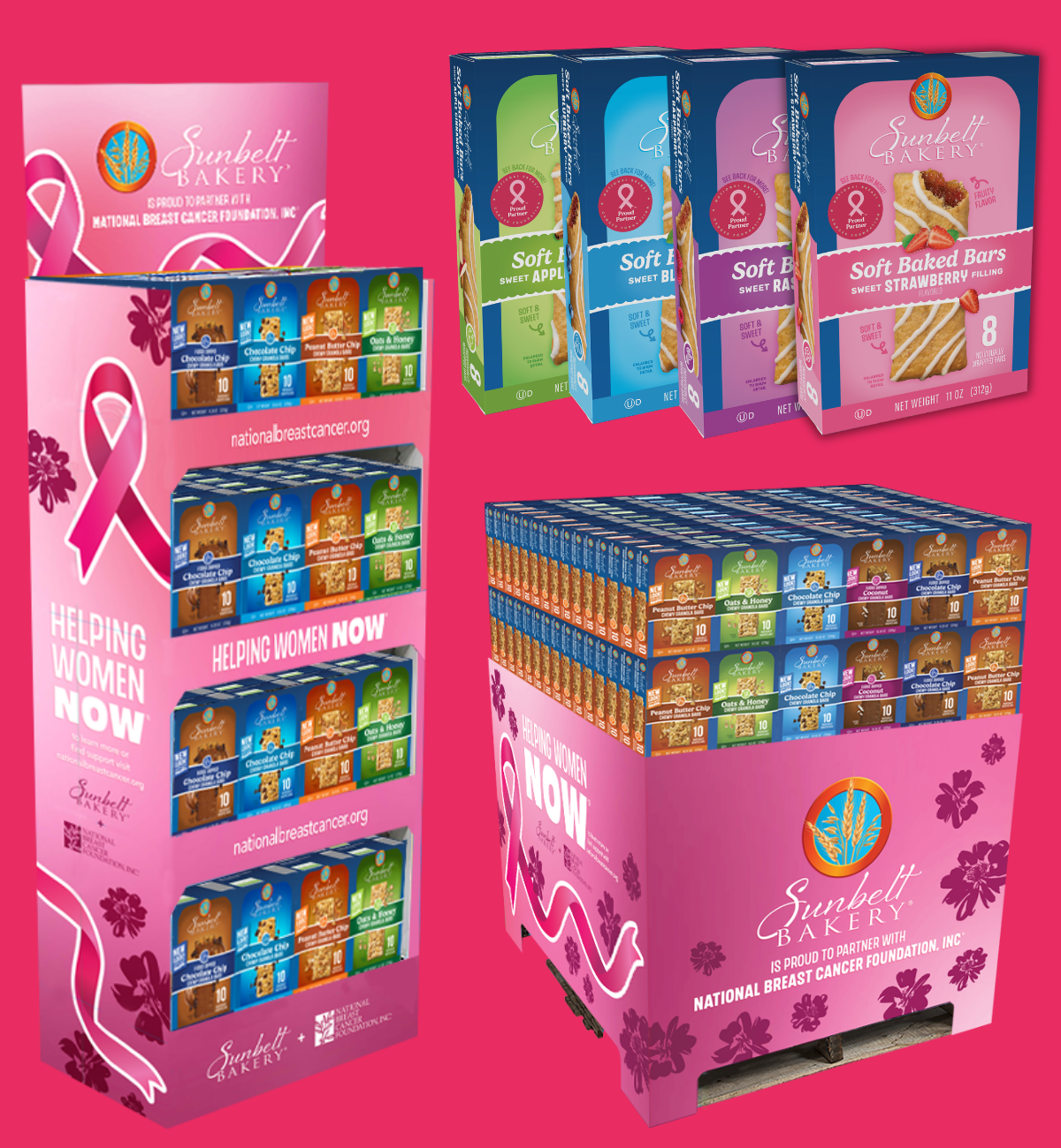 Pink breast cancer awareness candy display boxes with assorted colorful treats on a bright pink background