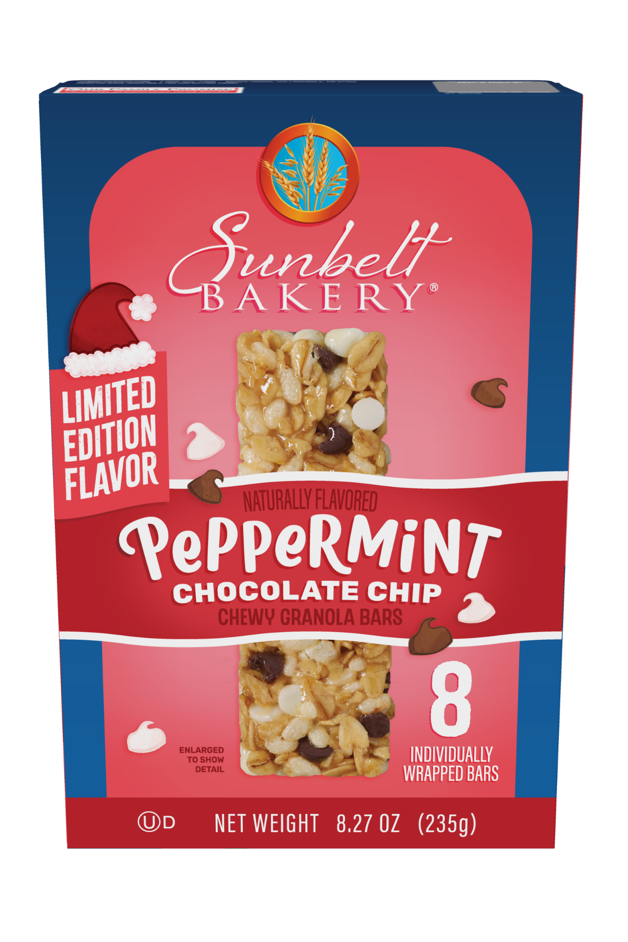 Sunbelt Bakery limited edition peppermint chocolate chip chewy bars box, red and green packaging