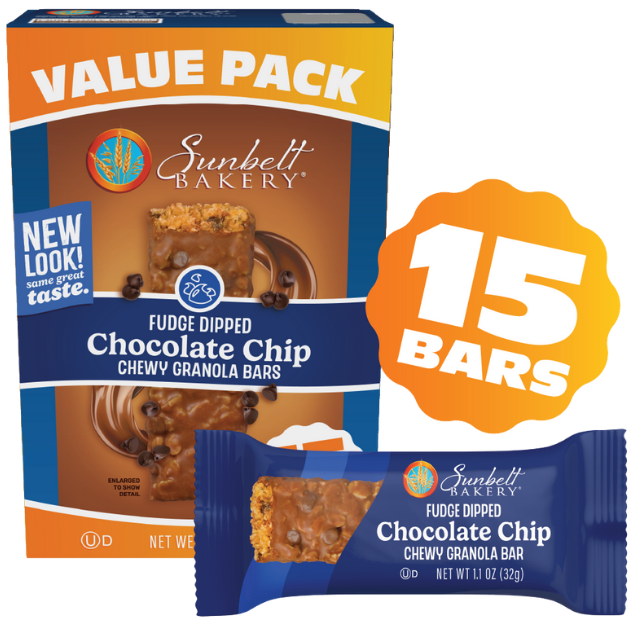 carton of value pack fudge dipped chocolate chip chewy granola bars with wrap
