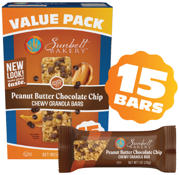 carton of value pack peanut butter chocolate chip chewy granola bars with wrap