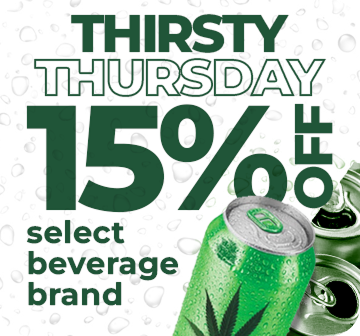 Green beverage can with 15% off promotion. 