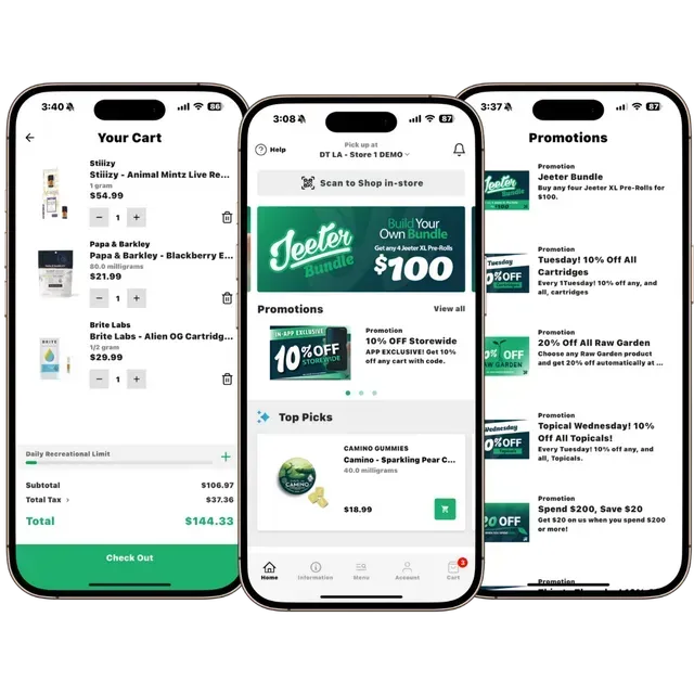 Three mobile phone screens displaying a shopping cart, promotions, and deals in a green and white app.