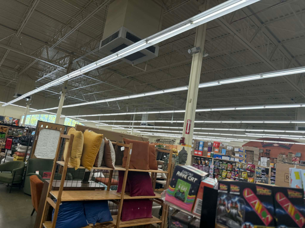 A store interior showing a shelf filled with various decorative throw pillows in front of retail aisles under high ceilings.