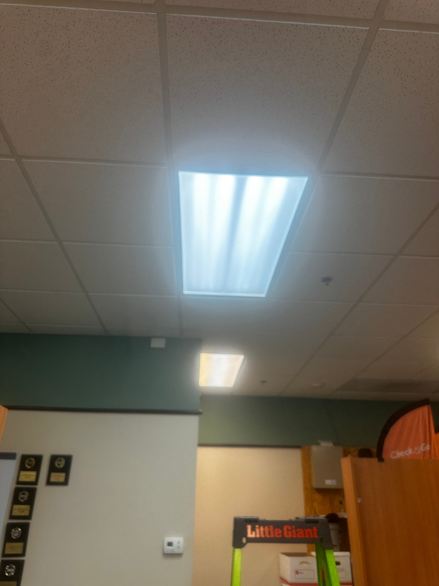 Two rectangular fluorescent ceiling lights illuminating a room, with a ladder visible in the foreground.