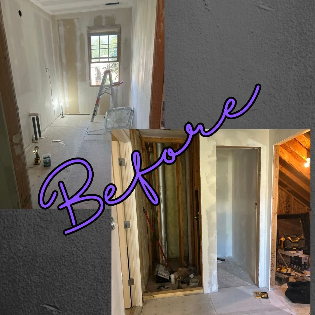 Before: Interior room renovation in progress, bare walls, framing, and ladder visible.