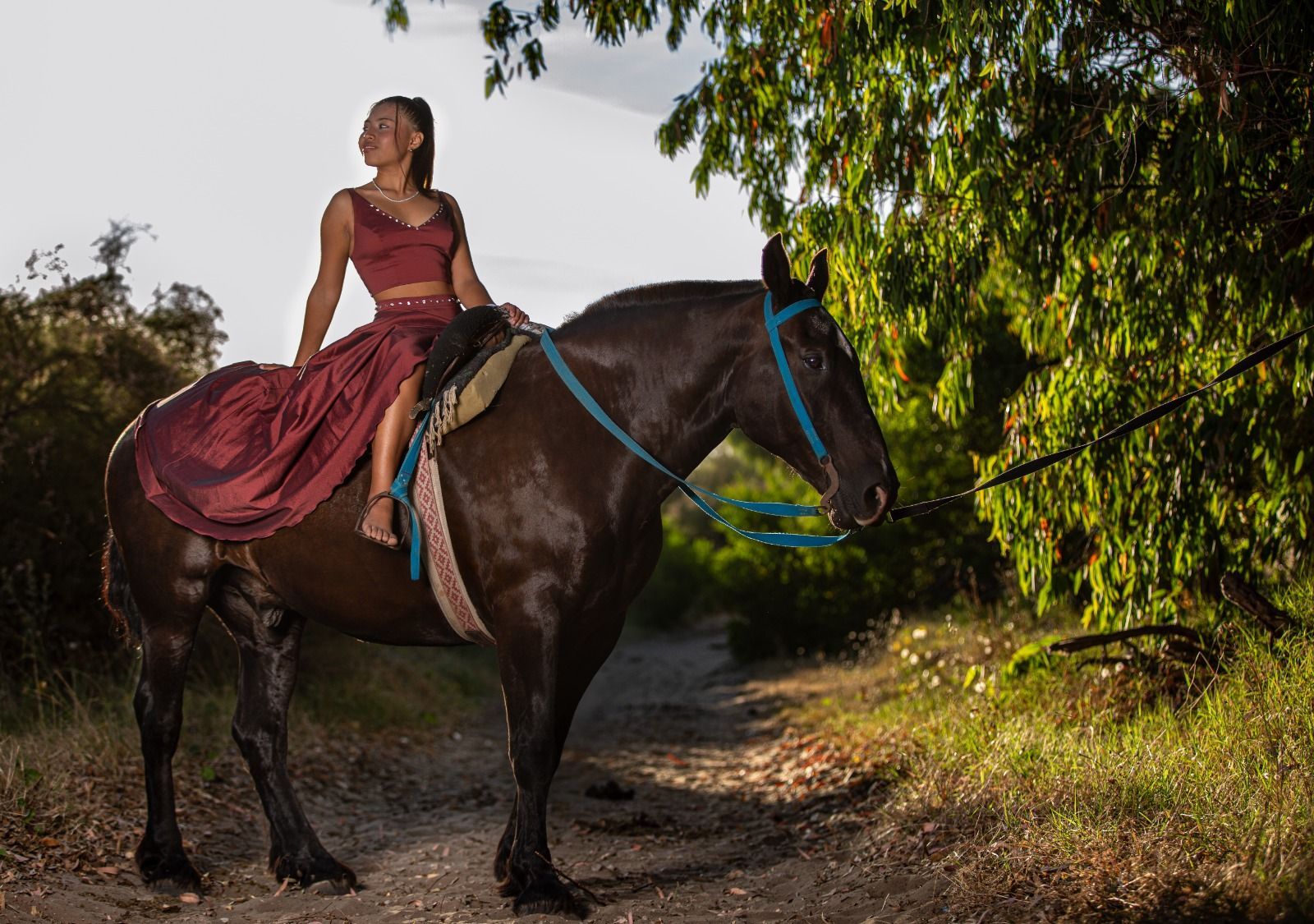 Mujer sobre un caballo negro, vestida con un traje rojo, en un sendero, con árboles en lo alto.