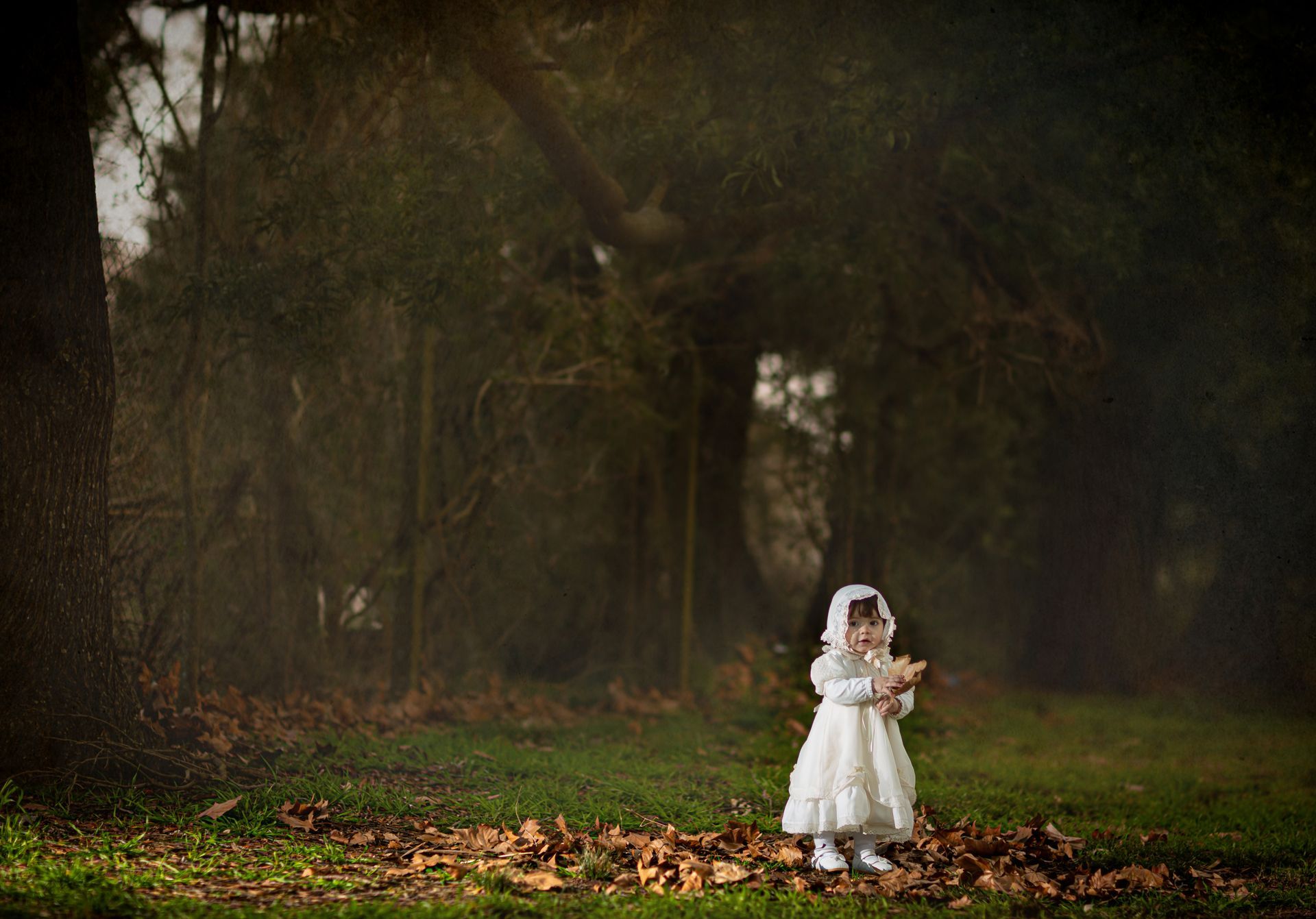 Niño con vestido blanco y velo de pie en un bosque, sosteniendo flores.