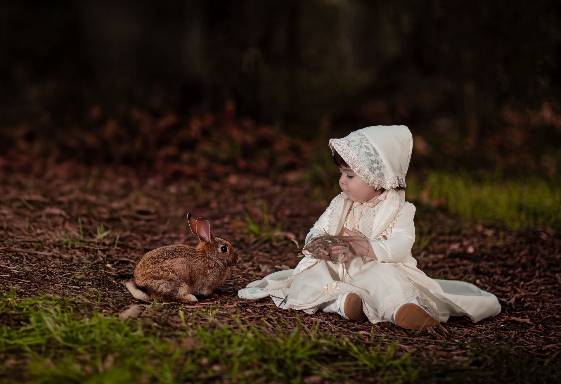 Una niña con vestido blanco y gorro está sentada en el suelo, mirando un conejo marrón. Fondo de bosque.