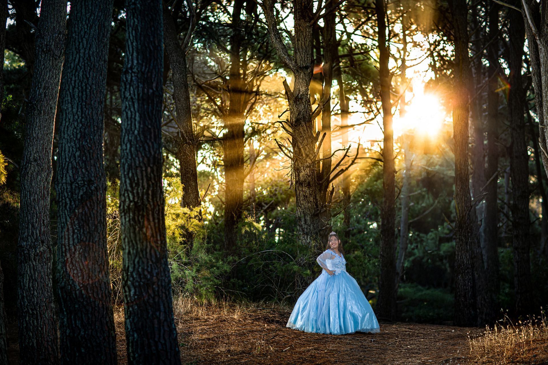 Una mujer con un vestido azul se encuentra en un bosque iluminado por el sol.