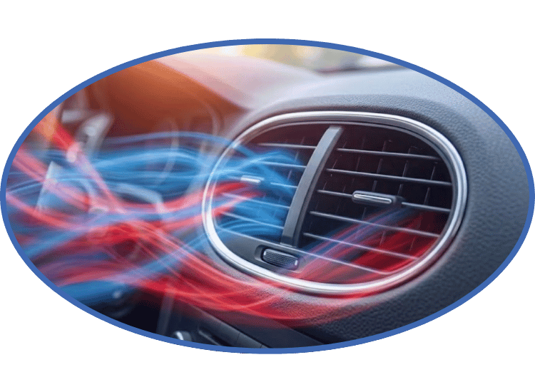 Car dashboard air vent with blue and red airflow streaks, suggesting heating and cooling ventilation