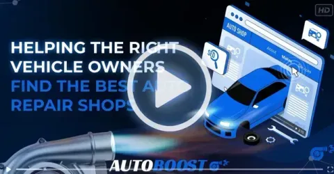 Blue car on phone screen with “AutoBoost” text, promoting right vehicle owners to find the best repair shop