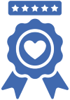 Icon of a badge with a white heart and five stars at the top