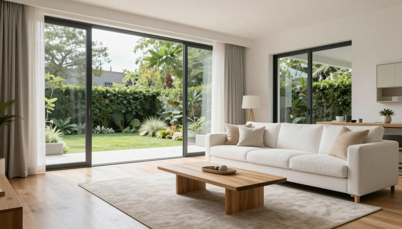 Lichte, moderne woonkamer met witte bank, houten salontafel en schuifdeuren naar de tuin.