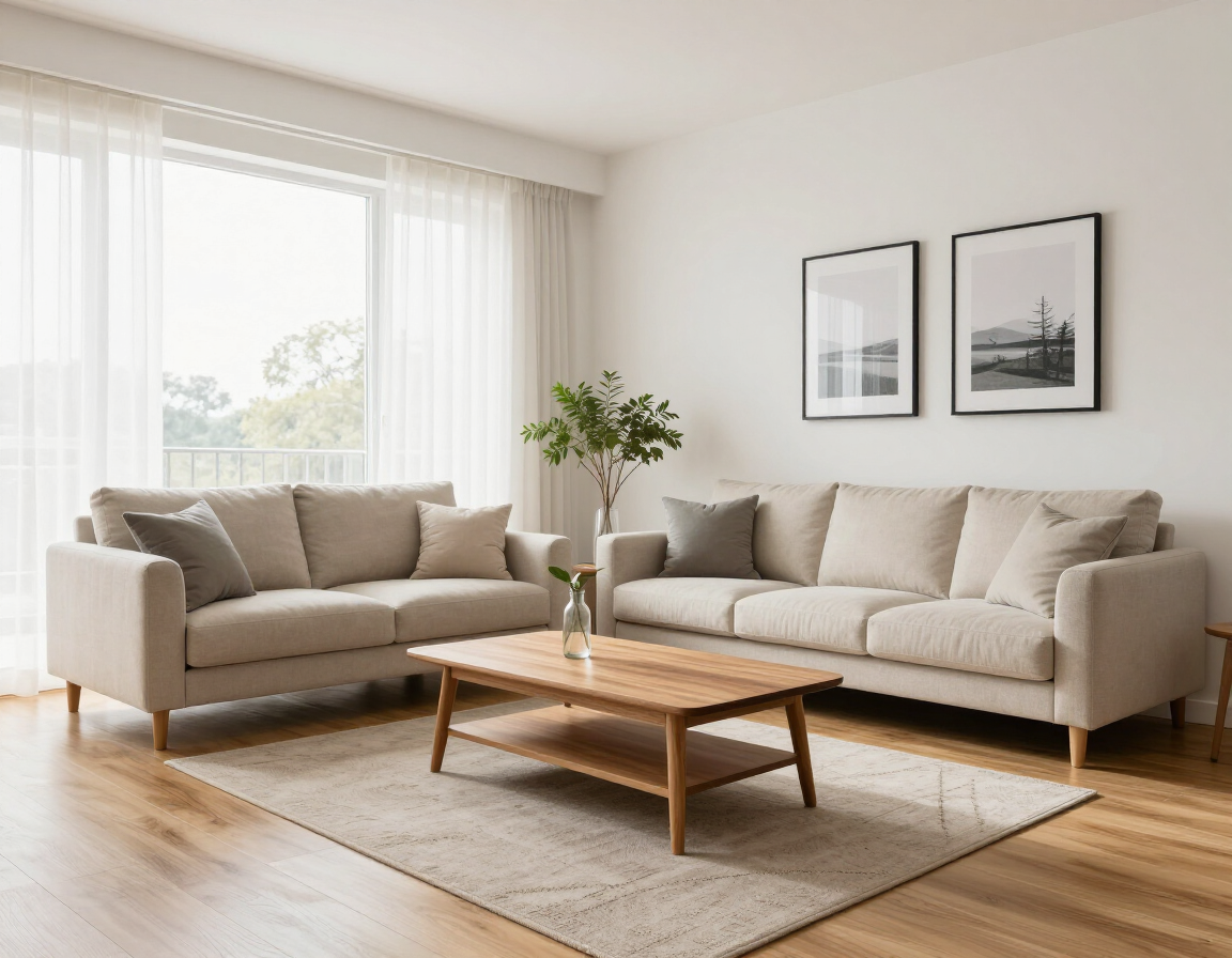 Lichte woonkamer met twee beige banken, een houten salontafel, een vloerkleed en grote ramen waar veel zonlicht binnenkomt.