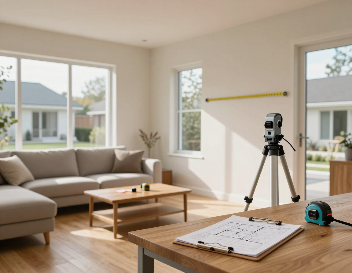 Lichte woonkamer met statiefcamera, houten tafel, bank en grote ramen.