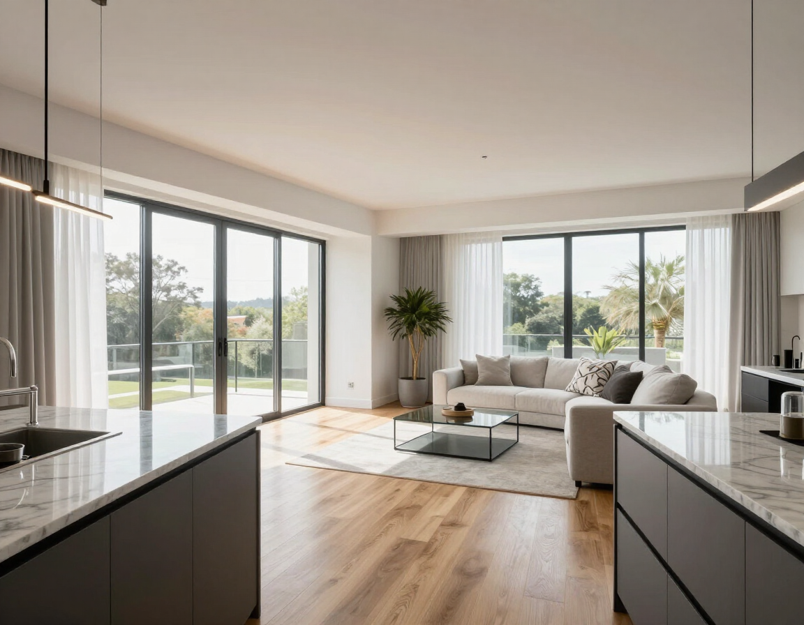 Moderne open woonkamer met grote ramen, lichte houten vloer, grijze bank en keukeneiland op de voorgrond.