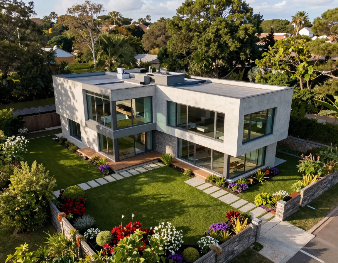 Moderne woning met twee verdiepingen, grote ramen, een groen gazon en een kleurrijke, aangelegde tuin.