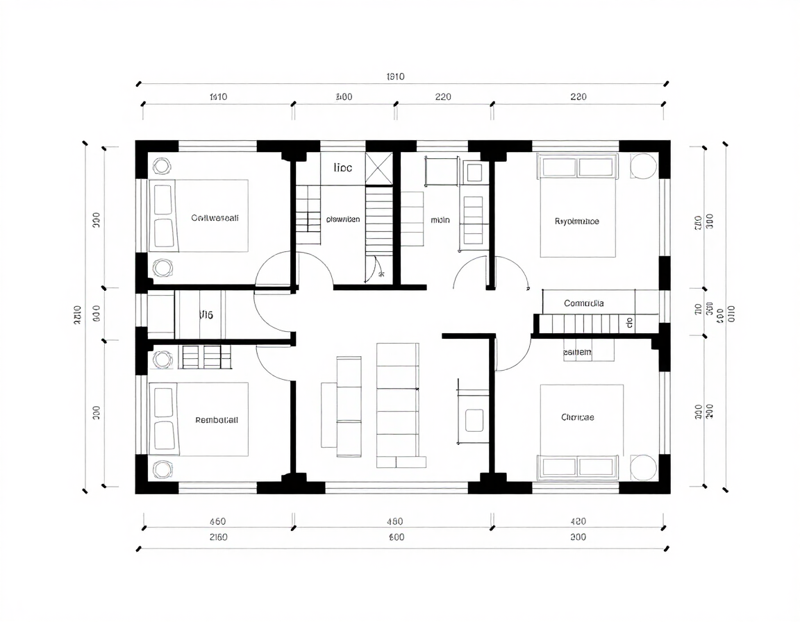 Zwart-wit architectonische plattegrond van een huis met aangegeven kamers en afmetingen.