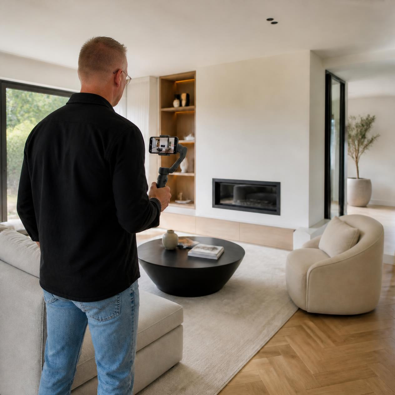 Een man filmt een moderne woonkamer met beige meubels, een zwarte salontafel en een open haard.