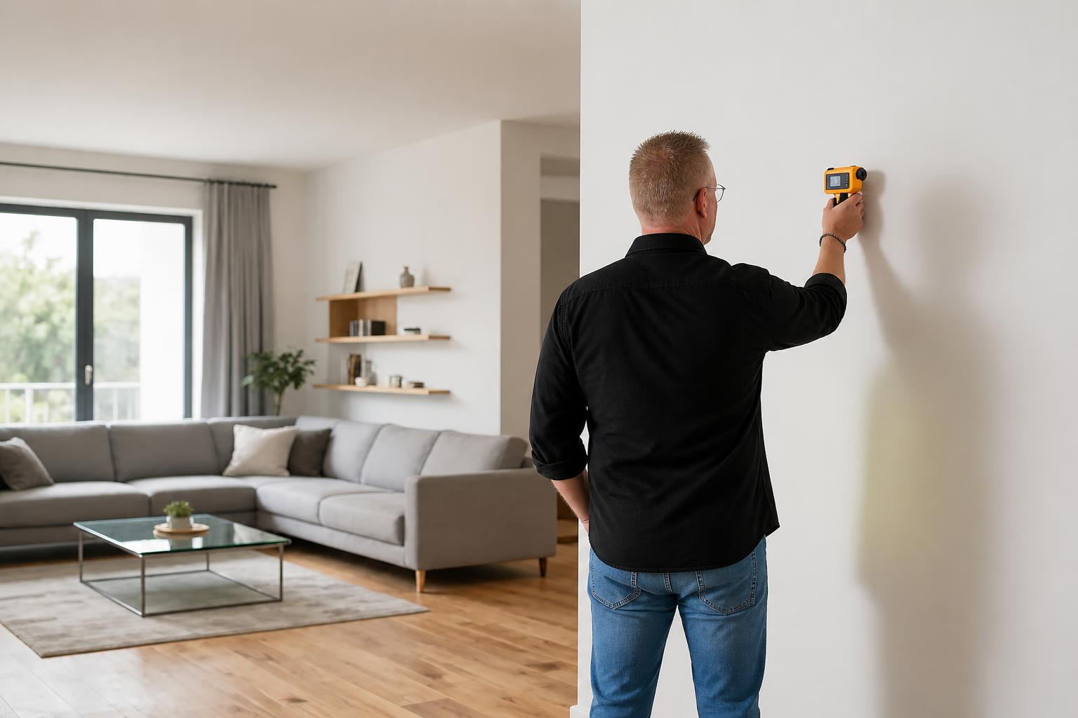 Iemand meet een muur in een lichte woonkamer op met een meetlint.