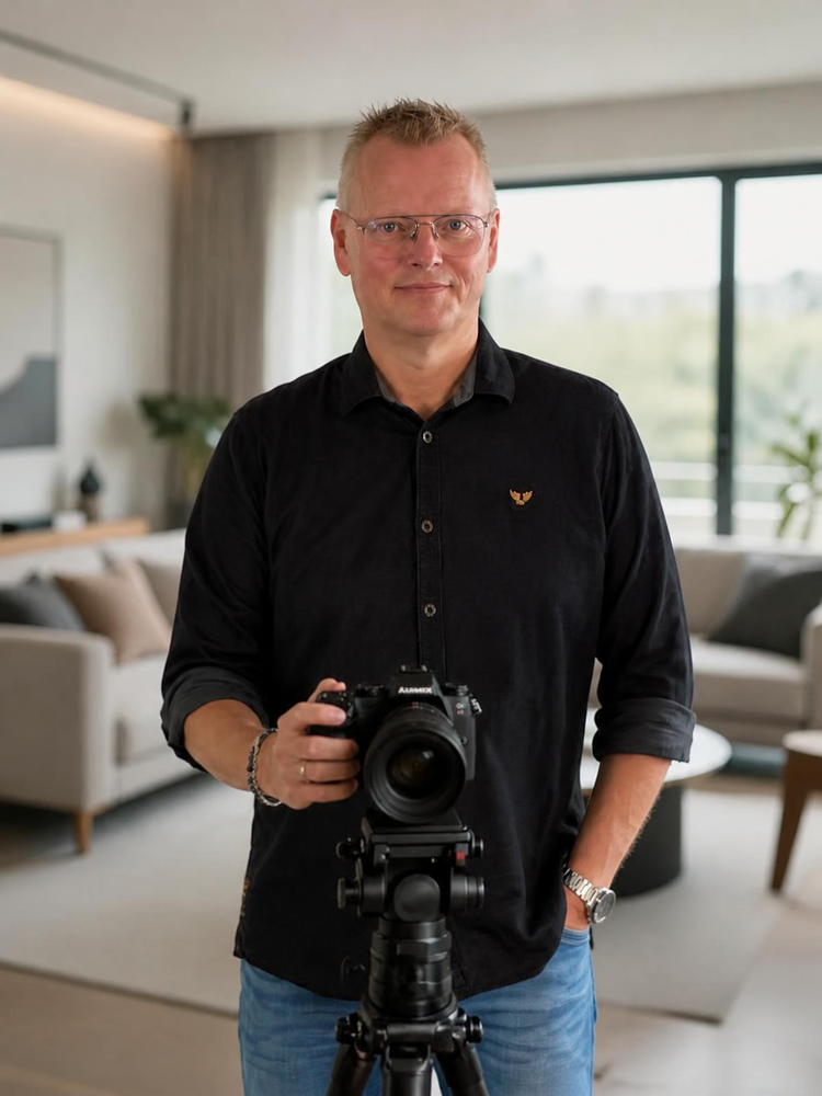 Een persoon met een camera op een statief in een lichte, moderne woonkamer.