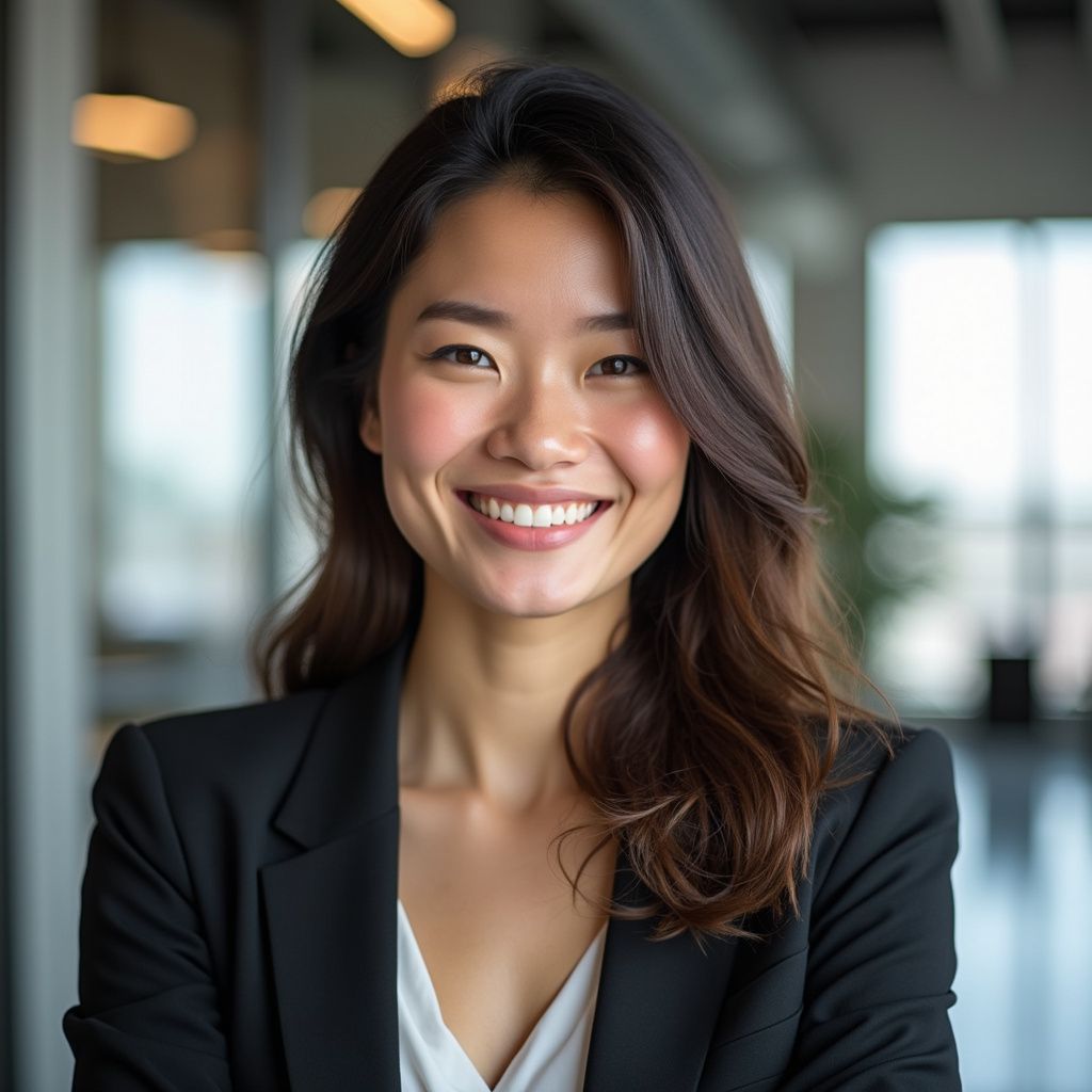 Smiling woman in a black blazer in a bright office setting