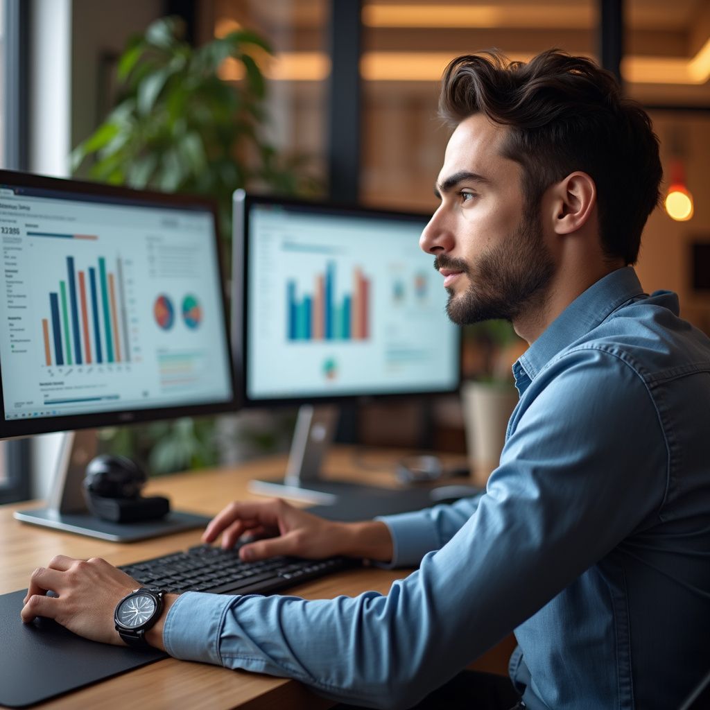 Man at computer analyzing charts. He is in an office setting with a watch on, focused.
