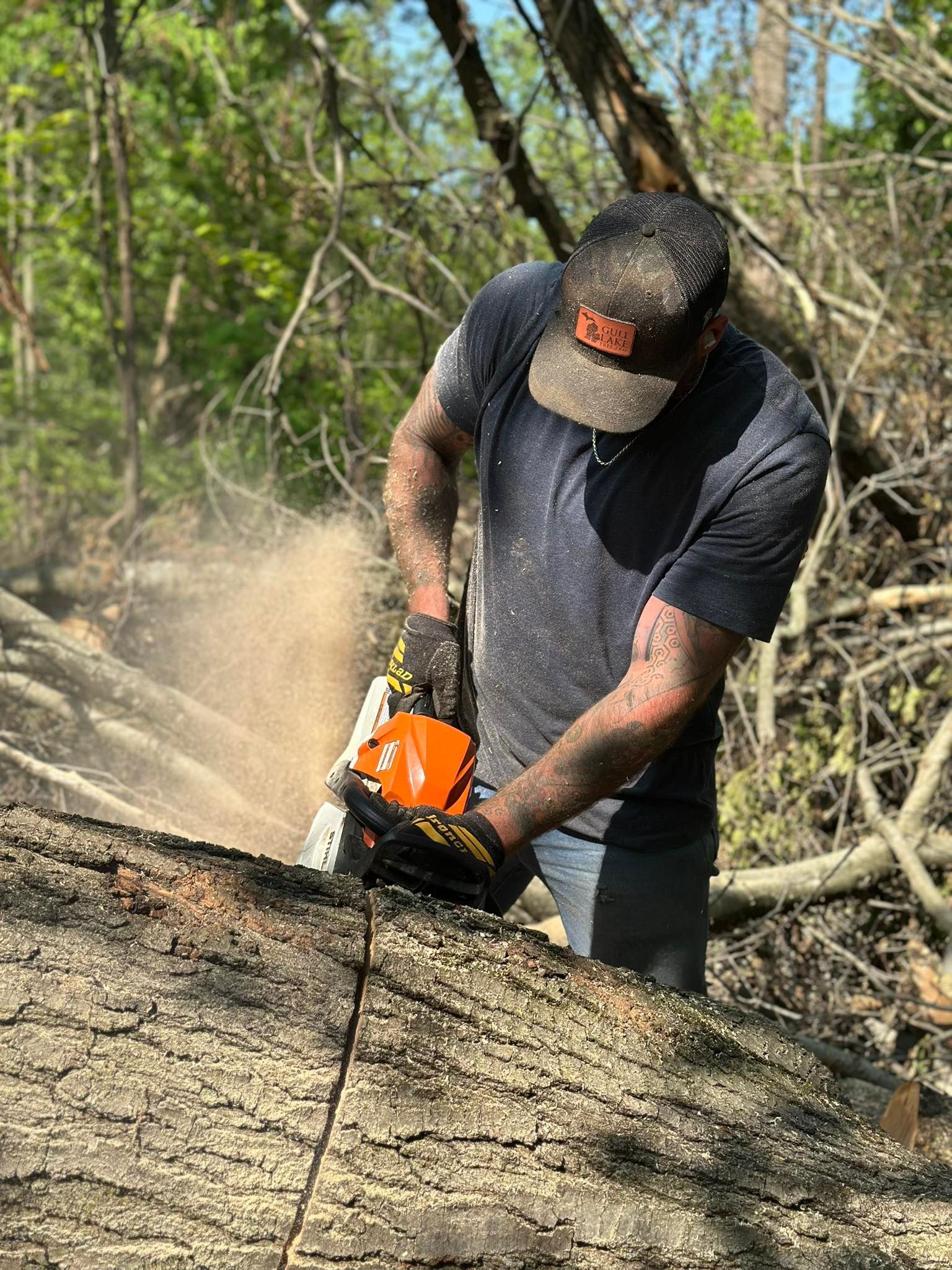 Worker using an orange chainsaw to cut a fallen tree trunk in a wooded area