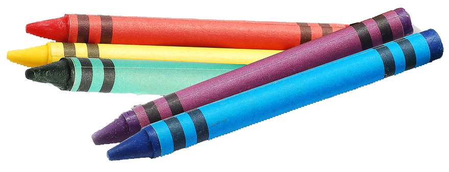 Crayons: red, yellow, teal, purple, and blue. Close-up of five crayons on a white background.