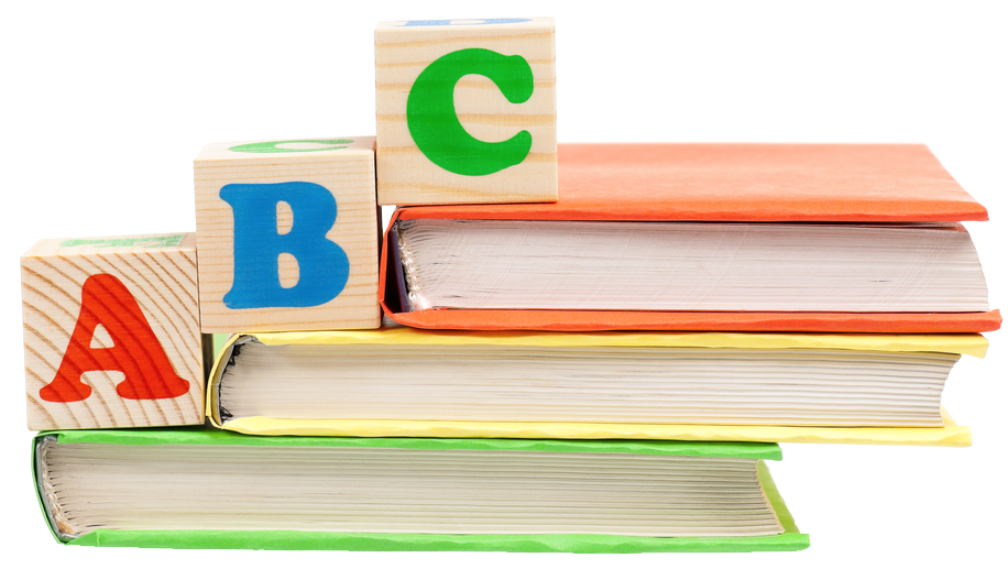 Wooden blocks with ABC letters stacked on colorful books.