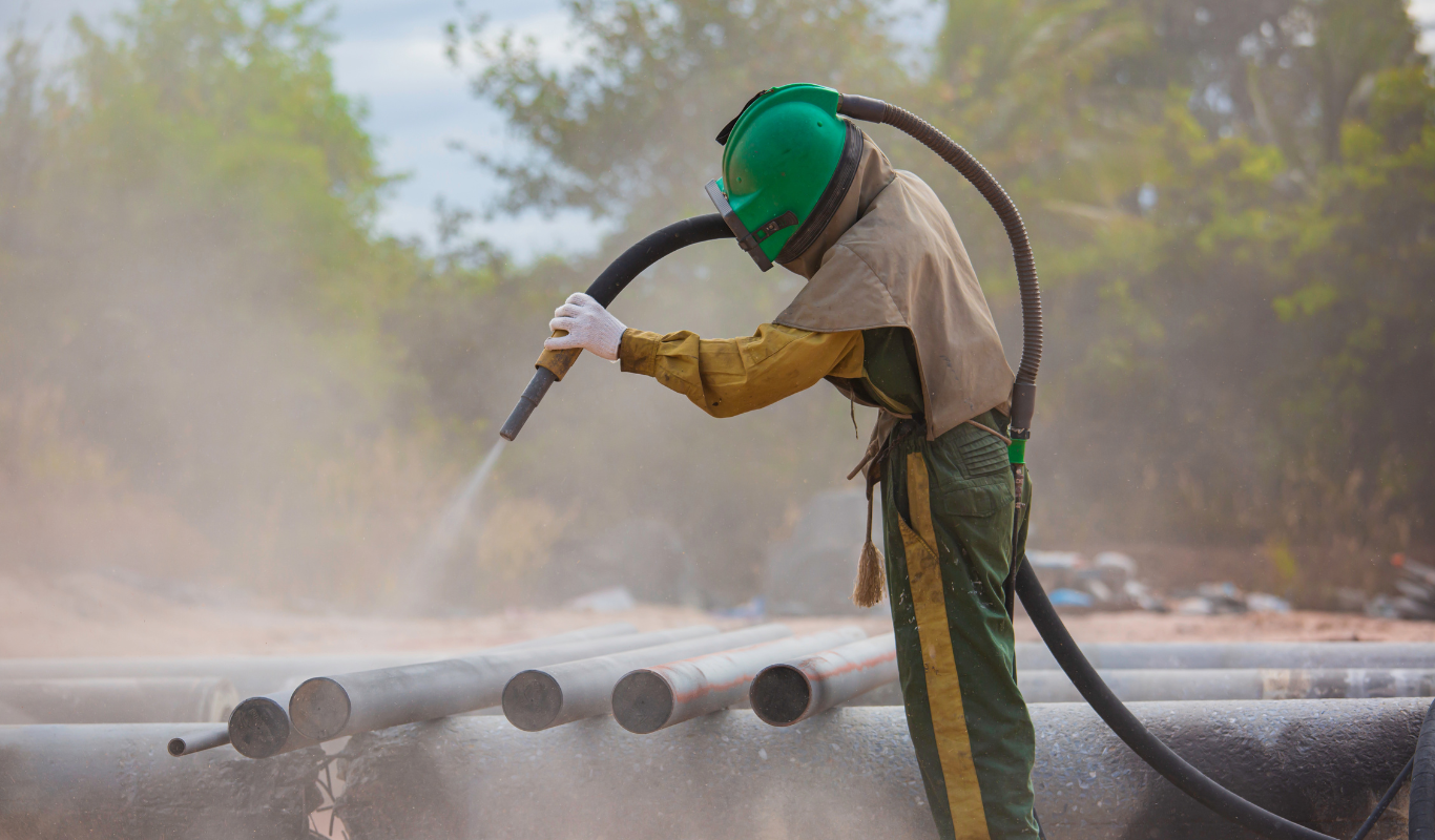 A man wearing a green helmet is sandblasting pipes.