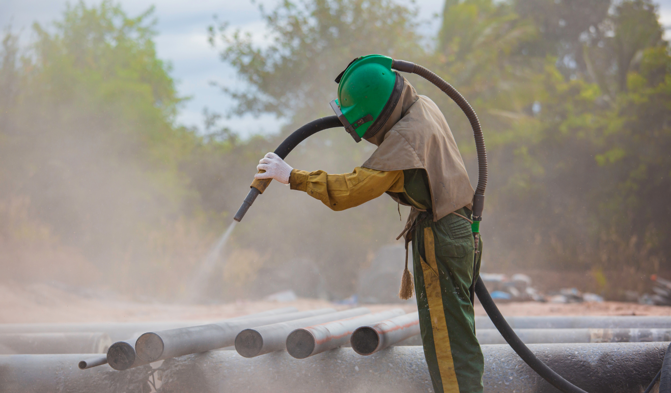 A man wearing a green helmet is sandblasting pipes.