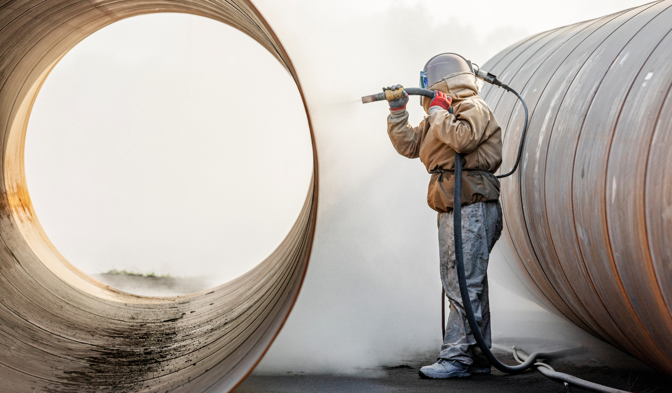 A man is sandblasting a pipe with a machine.