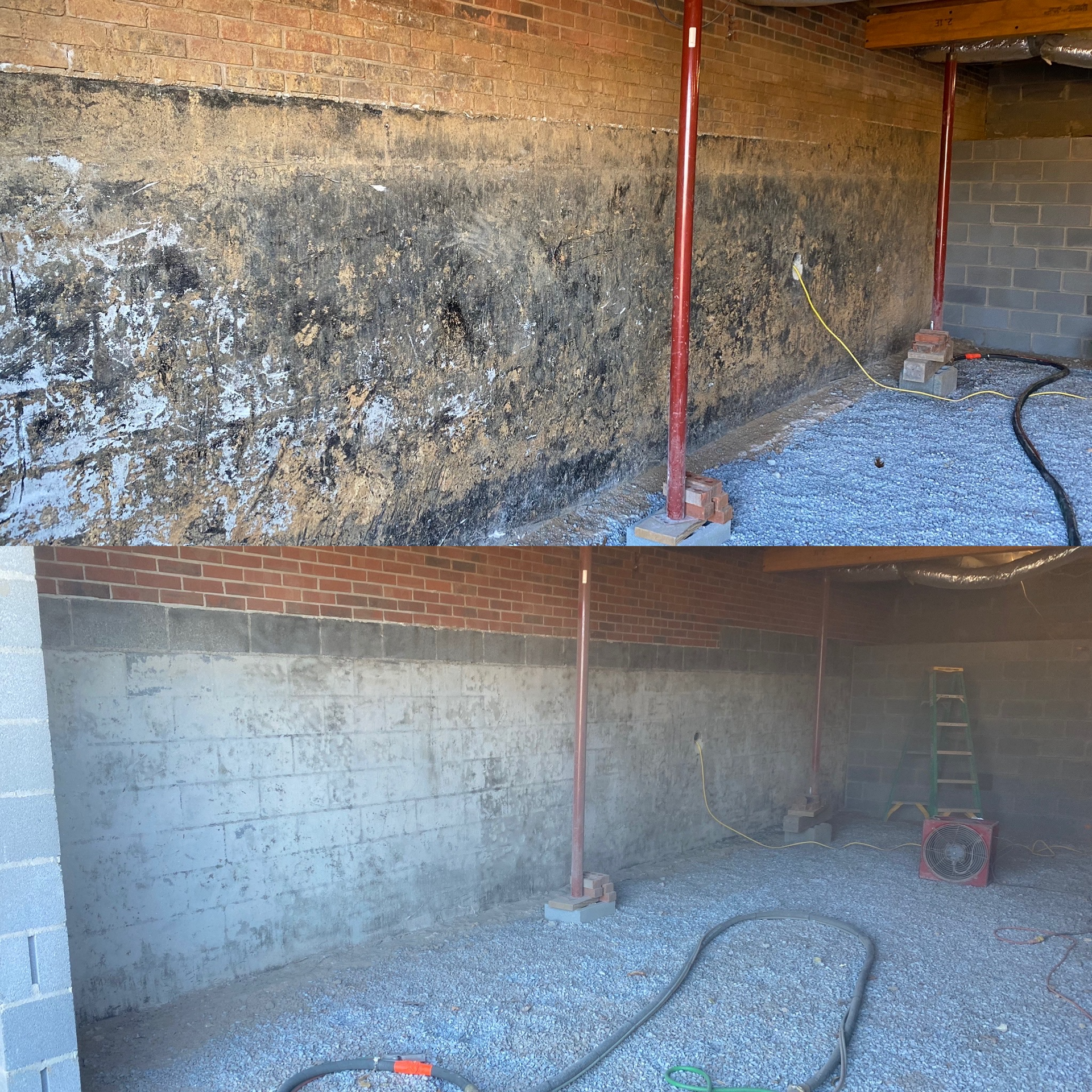 Two pictures of a brick wall and a gravel floor