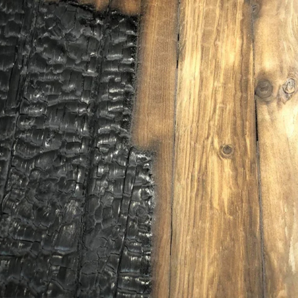 Before and after blasting fire damaged wood