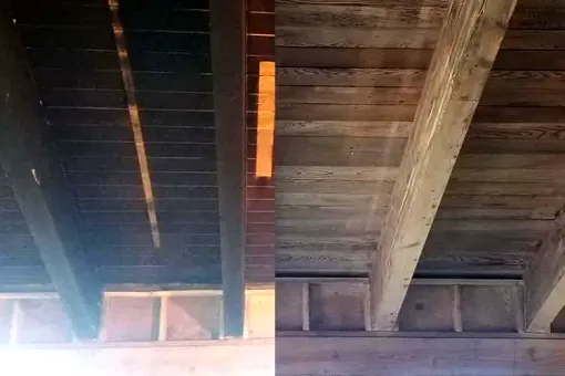 Contact Us A picture of a wooden ceiling before and after being painted.