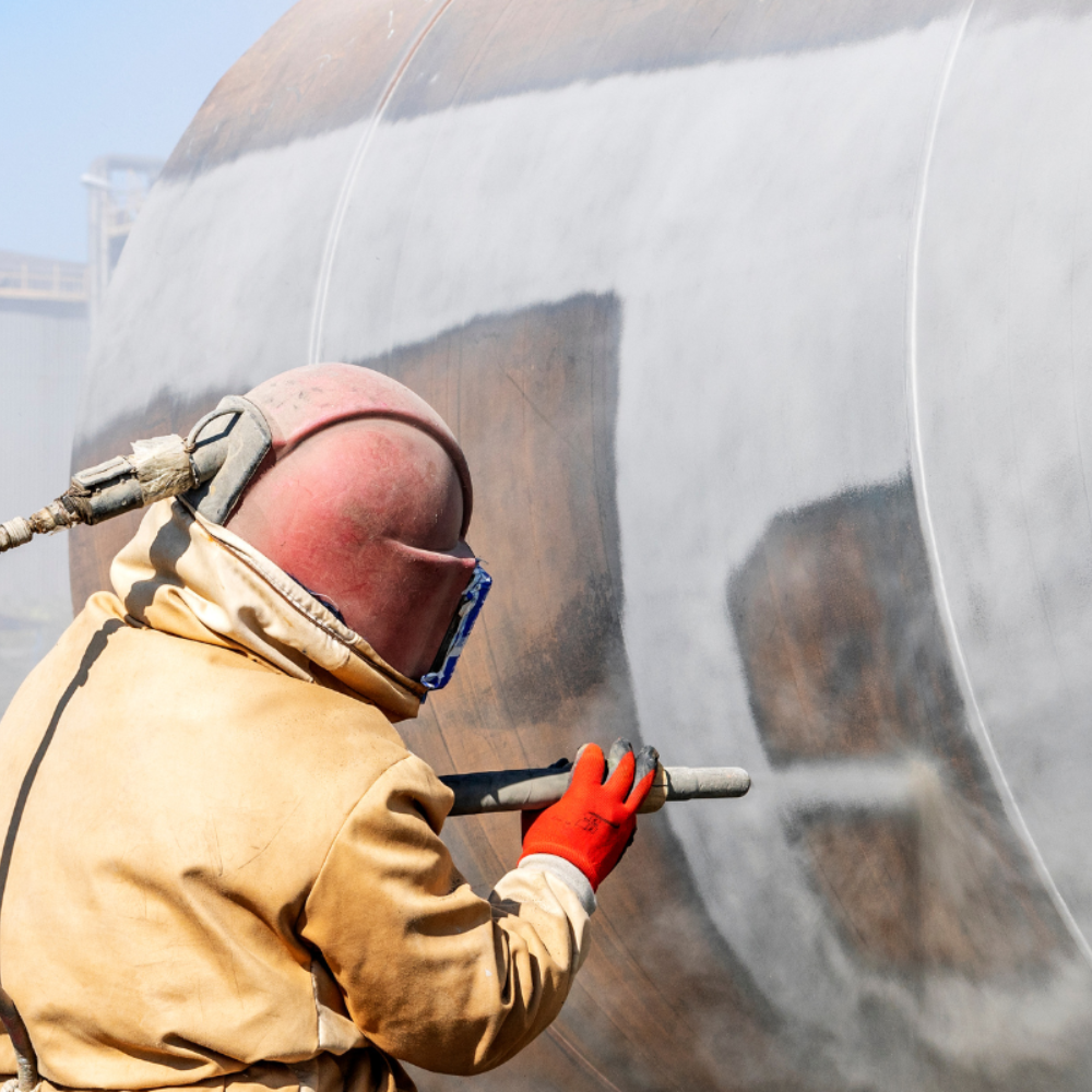 A man wearing a helmet and gloves is sandblasting a wall